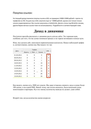 Покупка ссылок:
На текущий доход повлияла покупка ссылок в GGL на примерно 13000-15000 рублей + прогон по
профилям за 25$. На днях мы в GGL закупили еще на ~10000 рублей, однако оно только-только
начало индексироваться. Все ссылки закупались в GoGetLinks. Делать статьи под Miralinks лениво,
другие биржи вечных ссылок тоже не использовались. Подробности в соответствующей главе.


                            Доход в динамике
Поступили просьбы рассказать о динамике роста дохода сайта. Это хорошая идея,
особенно для того, что вы лучше понимали процесс и не теряли мотивации в начале пути.

Итак, мы сделали сайт, наполнили первоначальным контентом. Пошел небольшой трафик
и, соответственно, скачки игр. Выглядело это так:




Как видите, скачки есть, SMS нет совсем. Мы даже отчаялись немного, ведь в сумме более
100 скачек, и ни одной SMS. Виной этому, как потом оказалось, была начальная схема
монетизации в партнерке. Ну и по такому количеству выводы не делают, само собой.



Второй этап, когда количество скачек возросло:
 