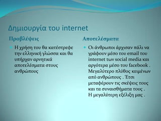 Δημιουργία του internet
Προβλέψεισ                     Αποτελέςματα
 Η χρόςη του θα κατϋςτρεφε     Οι ϊνθρωποι ϊρχιςαν πϊλι να
  την ελληνικό γλώςςα και θα     γρϊφουν μϋςο του email του
  υπόρχαν αρνητικϊ               internet των social media και
  αποτελϋςματα ςτουσ             αργότερα μϋςο του facebook .
  ανθρώπουσ                      Μεγαλύτερο πλύθοσ κειμϋνων
                                 από ανθρώπουσ . Έτςι
                                 μεταφϋρουν τισ ςκϋψεισ τουσ
                                 και τα ςυναιςθόματα τουσ .
                                 Η μεγαλύτερη εξϋλιξη μασ .
 