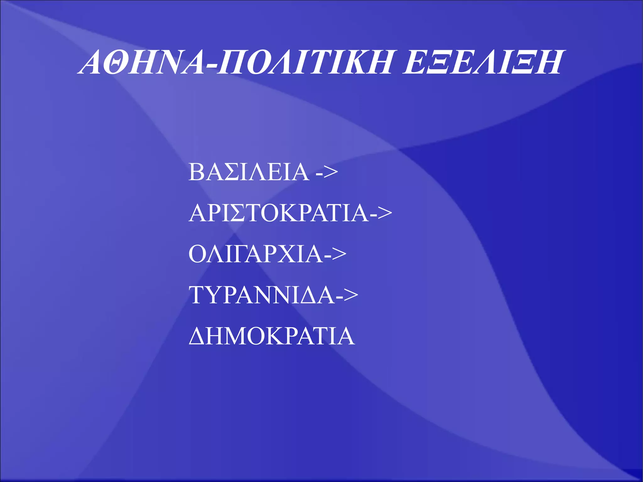 ΑΘΗΝΑ-ΠΟΛΙΤΙΚΗ ΕΞΕΛΙΞΗ

    ΒΑΣΙΛΕΙΑ ->
    ΑΡΙΣΤΟΚΡΑΤΙΑ->
    ΟΛΙΓΑΡΧΙΑ->
    ΤΥΡΑΝΝΙΔΑ->
    ΔΗΜΟΚΡΑΤΙΑ
 