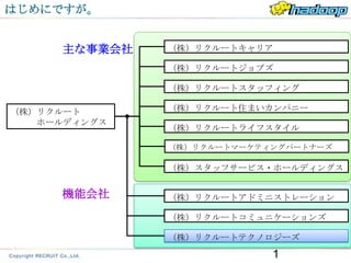 はじめにですが。


     主な事業会社   （株）リクルートキャリア

              （株）リクルートジョブズ

              （株）リクルートスタッフィング

（株）リクルート      （株）リクルート住ま...