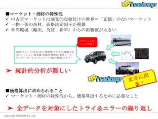 ■マーケット・商材の特殊性
 中古車マーケットは感覚的な値付けの世界＝「正価」のないマーケット
 一物一価の商材。価格決定因子が複雑
 外部環境（輸出、為替、新車）からの影響値が大きい

                                  オプションは
                                  ざっと30超！


  車種/グレード/年式/走行/修復歴/ナビ/ETC/駆動方式
  /色/ミッション/排気量/車検残/禁煙車/本革シート/
  モニター/キーレス/サンルーフ/保証/整備/エリア…




➤ 統計的分析が難しい


■価格算出に求められること
 マーケット・商材の特殊性から、価格算出するために必要なこと

➤ 全データを対象にしたトライ＆エラーの繰り返し
 