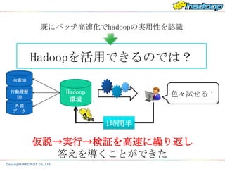 既にバッチ高速化でhadoopの実用性を認識



       Hadoopを活用できるのでは？
本番DB

行動履歴      Hadoop           色々試せる！
 DB
           環境
 外部
データ


                   1時間半

       仮説→実行→検証を高速に繰り返し
          答えを導くことができた
 