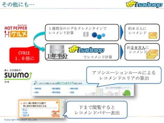 その他にも…



          １週間分のログをクレメンタインで    約８万人に
          レコメンド計算             レコメンド



                              約２０万人に
   CVRは                       レコメンド
  １.６倍に   １年半分     でレコメンド計算



                     アソシエーションルールによる
                      レコメンドエリアの算出




                  下まで閲覧すると
                 レコメンドバナー表出
 