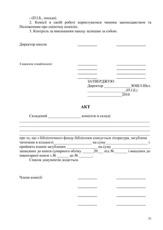 - (П.І.Б., посада).
     2. Комісії в своїй роботі користуватися чинним законодавством та
Положенням про оціночну комісію.
     3. Контроль за виконанням наказу залишаю за собою.


Директор школи




З наказом ознайомлені:




                                       ЗАТВЕРДЖУЮ
                                       Директор ______________ЗОШ І-ІІІст.
                                       ____________________(П.І.Б.)
                                       __________________2010


                                   АКТ

      Складений _________________ комісією в складі:
____________________________________________________________________
____________________________________________________________________
____________________________________________________________________
____________________________________________________________________
про те, що з бібліотечного фонду бібліотеки списується література, загублена
читачами в кількості____________________ на суму______________________ і
прийнято взамін загублених ________________ на суму ____________________
записаних до книги сумарного обліку ______20___ під №_______ і внесених до
інвентарної книги з № ______ до № _______.
      Список документів додається.



Члени комісії:




                                                                          31
 