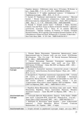 України; [редкол.: Л.Войтович (відп. ред.), О.Головко, М.Литвин та
                   ін.]. – Львів, 2006. – Т. 3. – С. 177– 223. – ISBN 966-02-1224-0
                   4. Губерначук С. У гербах української шляхти / С.Губерначук //
                   Українська культура. – 2008. – № 8. – С. 32–33
                   5. Ісаєвич Я. Українське книгознавство: етапи розвитку / Ярослав
                   Ісаєвич // Вісник Львівського університету. Серія: книгознавство,
                   бібліотекознавство, інформаційні технології. – Львів: ЛНУ ім.І.Франка,
                   2006. – Вип. 1. – С. 7–19. – ISSN 0201-758X. – ISSN 0460-0509
                   6. Hrytsak Y. Історія одного імені / Y.Hrytsak // States, Societies,
                   Cultures: East and West: Essays in Honor of Jaroslaw Pelenski = Держави,
                   суспільства, культури: Схід і Захід: зб. на пошану Ярослава
                   Пеленського / National Academy of Sciences of Ukraine, European
                   Research Institute, W.K.Lypynsky East European Research Institute; ed. by:
                   J.Duzinkiewicz (Editor-in-Chief), M.Popovych, V.Verstiuk, N.Jakovenko. –
                   New York: Ross, 2004. – P. 351–368. – ISBN 0-88354-181-5




                   1. Попова Ирина Николаевна. Грамматика французского языка.
                   Практический курс Le Francais: учеб. для студ. вузов / И.Н.Попова,
                   Ж.А.Казакова. – Изд. 12-е стер. – М.: Нестор Академик Паблишерз,
                   2003. – 480 с. – ISBN 0460-0509
                   2. Савчин Володимир Павлович. Електронне перенесення в
                   напівпровідникових структурах: навч. посіб. для студ. ВНЗ /
                   В.П.Савчин, Р.Я.Шувар. – Львів: ВЦ ЛНУ ім.І.Франка, 2008. – 688 с. –
                   ISBN 978-966-613-569-1
Аналітичний опис
                   3. Каленюк І. Економічні часописи, технологічні уклади і прогнози
2 автори
                   майбутнього / Ірина Каленюк, Костянтин Корсак // Наук. світ. – 2008. –
                   № 9. – С. 3–5
                   4. Кондратюк К. Українське національне відродження XIX – початку
                   XX століть у сучасній вітчизняній історіографії / Костянтин
                   Кондратюк, Віктор Мандзяк // Українська історіографія на зламі XX і
                   XXI століть: здобутки і проблеми: колект. моногр. / за ред.
                   Л.Зашкільняка; М-во освіти і науки України; ЛНУ ім.І.Франка. – Львів:
                   [ЛНУ ім.І.Франка], 2004. – 406 с. – ISBN 966-613-185-4

                   1. Воробель Яніна Максимівна. Англійська мова: навч. посіб. / Яніна
                   Максимівна Воробель, Ольга Анатоліївна Шумська, Михайло
                   Зенонович Гамкало. – Львів: ВЦ ЛНУ ім.І.Франка, 2006. – 106 с.: іл. –
                   ISBN –.
Аналітичний опис   2. Глинський Ярослав Миколайович. Паскаль. Turbo Paskal i Delphi:
3 автори           навч. посіб. / Глинський Я.М., Анохін В.Є., Ряжська В.А. – 4-те вид. –
                   Львів: [Деол, СПД Глинський], 2003. – 144 с. – ISBN 9667449-17-3
                   3. Шевченко О. Відлітають сірим шнуром…: [поет А.Могильний:
                   некролог] / Олесь Шевченко, Василь Соловей, Станіслав
                   Вишенський // Літ. Україна. – 2008. – 11 верес

Аналітичний опис   1. Історія світової та української культури: підруч. для студ. ВНЗ /

                                                                                          35
 