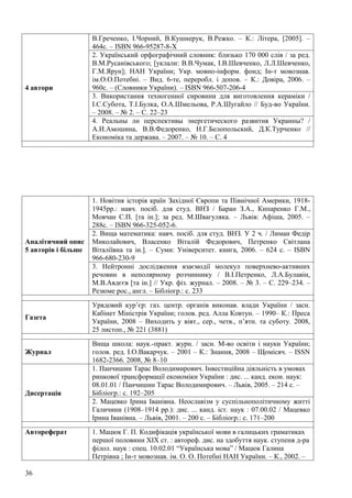 В.Греченко, І.Чорний, В.Кушнерук, В.Режко. – К.: Літера, [2005]. –
                     464с. – ISBN 966-95287-8-Х
                     2. Український орфографічний словник: близько 170 000 слів / за ред.
                     В.М.Русанівського; [уклали: В.В.Чумак, І.В.Шевченко, Л.Л.Шевченко,
                     Г.М.Ярун]; НАН України; Укр. мовно-інформ. фонд; Ін-т мовознав.
                     ім.О.О.Потебні. – Вид. 6-те, переробл. і допов. – К.: Довіра, 2006. –
4 автори             960с. – (Словники України). – ISBN 966-507-206-4
                     3. Використання техногенної сировини для виготовлення кераміки /
                     І.С.Субота, Т.І.Булка, О.А.Шмельова, Р.А.Шугайло // Буд-во України.
                     – 2008. – № 2. – С. 22–23
                     4. Реальны ли перспективы энергетического развития Украины? /
                     А.И.Амошина, В.В.Федоренко, Н.Г.Белопольский, Д.К.Турченко //
                     Економіка та держава. – 2007. – № 10. – С. 4




                     1. Новітня історія країн Західної Європи та Північної Америки, 1918-
                     1945рр.: навч. посіб. для студ. ВНЗ / Баран З.А., Кипаренко Г.М.,
                     Мовчан С.П. [та ін.]; за ред. М.Швагуляка. – Львів: Афіша, 2005. –
                     288с. – ISBN 966-325-052-6.
                     2. Вища математика: навч. посіб. для студ. ВНЗ. У 2 ч. / Лиман Федір
Аналітичний опис     Миколайович, Власенко Віталій Федорович, Петренко Світлана
5 авторів і більше   Віталіївна та ін.]. – Суми: Університет. книга, 2006. – 624 с. – ISBN
                     966-680-230-9
                     3. Нейтронні дослідження взаємодії молекул поверхнево-активних
                     речовин в неполярному розчиннику / В.І.Петренко, Л.А.Булавін,
                     М.В.Авдєєв [та ін.] // Укр. фіз. журнал. – 2008. – № 3. – С. 229–234. –
                     Резюме рос., англ. – Бібліогр.: с. 233

                     Урядовий кур’єр: газ. центр. органів виконав. влади України / засн.
                     Кабінет Міністрів України; голов. ред. Алла Ковтун. – 1990– К.: Преса
Газета
                     України, 2008 – Виходить у вівт., сер., четв., п’ятн. та суботу. 2008,
                     25 листоп., № 221 (3881)

                     Вища школа: наук.-практ. журн. / засн. М-во освіти і науки України;
Журнал               голов. ред. І.О.Вакарчук. – 2001 – К.: Знання, 2008 – Щомісяч. – ISSN
                     1682-2366. 2008, № 8–10
                     1. Панчишин Тарас Володимирович. Інвестиційна діяльність в умовах
                     ринкової трансформації економіки України : дис. ... канд. екон. наук:
                     08.01.01 / Панчишин Тарас Володимирович. – Львів, 2005. – 214 с. –
Дисертація           Бібліогр.: с. 192–205
                     2. Мацевко Ірина Іванівна. Неославізм у суспільнополітичному житті
                     Галичини (1908–1914 рр.): дис. ... канд. іст. наук : 07.00.02 / Мацевко
                     Ірина Іванівна. – Львів, 2001. – 200 с. – Бібліогр.: с. 171–200

Автореферат          1. Мацюк Г. П. Кодифікація української мови в галицьких граматиках
                     першої половини ХІХ ст. : автореф. дис. на здобуття наук. ступеня д-ра
                     філол. наук : спец. 10.02.01 “Українська мова” / Мацюк Галина
                     Петрівна ; Ін-т мовознав. ім. О. О. Потебні НАН України. – К., 2002. –

36
 