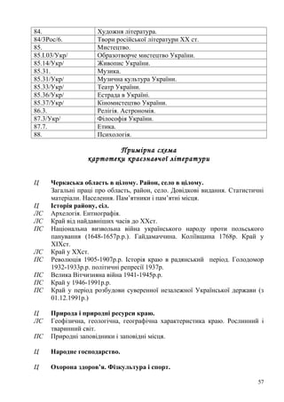 84.                  Художня література.
84/3Рос/6.           Твори російської літератури ХХ ст.
85.                  Мистецтво.
85.І.03/Укр/         Образотворче мистецтво України.
85.14/Укр/           Живопис України.
85.31.               Музика.
85.31/Укр/           Музична культура України.
85.33/Укр/           Театр України.
85.36/Укр/           Естрада в Україні.
85.37/Укр/           Кіномистецтво України.
86.3.                Релігія. Астрономія.
87.3/Укр/            Філософія України.
87.7.                Етика.
88.                  Психологія.

                          Примірна схема
                  картотеки краєзнавчої літератури


Ц     Черкаська область в цілому. Район, село в цілому.
      Загальні праці про область, район, село. Довідкові видання. Статистичні
      матеріали. Населення. Пам’ятники і пам’ятні місця.
Ц     Історія району, сіл.
ЛС    Архелогія. Ентнографія.
ЛС    Край від найдавніших часів до ХХст.
ПС    Національна визвольна війна українського народу проти польського
      панування (1648-1657р.р.). Гайдамаччина. Коліївщина 1768р. Край у
      ХІХст.
ЛС    Край у ХХст.
ПС    Революція 1905-1907р.р. Історія краю в радянський період. Голодомор
      1932-1933р.р. політичні репресії 1937р.
ПС    Велика Вітчизняна війна 1941-1945р.р.
ПС    Край у 1946-1991р.р.
ПС    Край у період розбудови суверенної незалежної Української держави (з
      01.12.1991р.)

Ц     Природа і природні ресурси краю.
ЛС    Геофізична, геологічна, географічна характеристика краю. Рослинний і
      тваринний світ.
ПС    Природні заповідники і заповідні місця.

Ц     Народне господарство.

Ц     Охорона здоров’я. Фізкультура і спорт.

                                                                           57
 