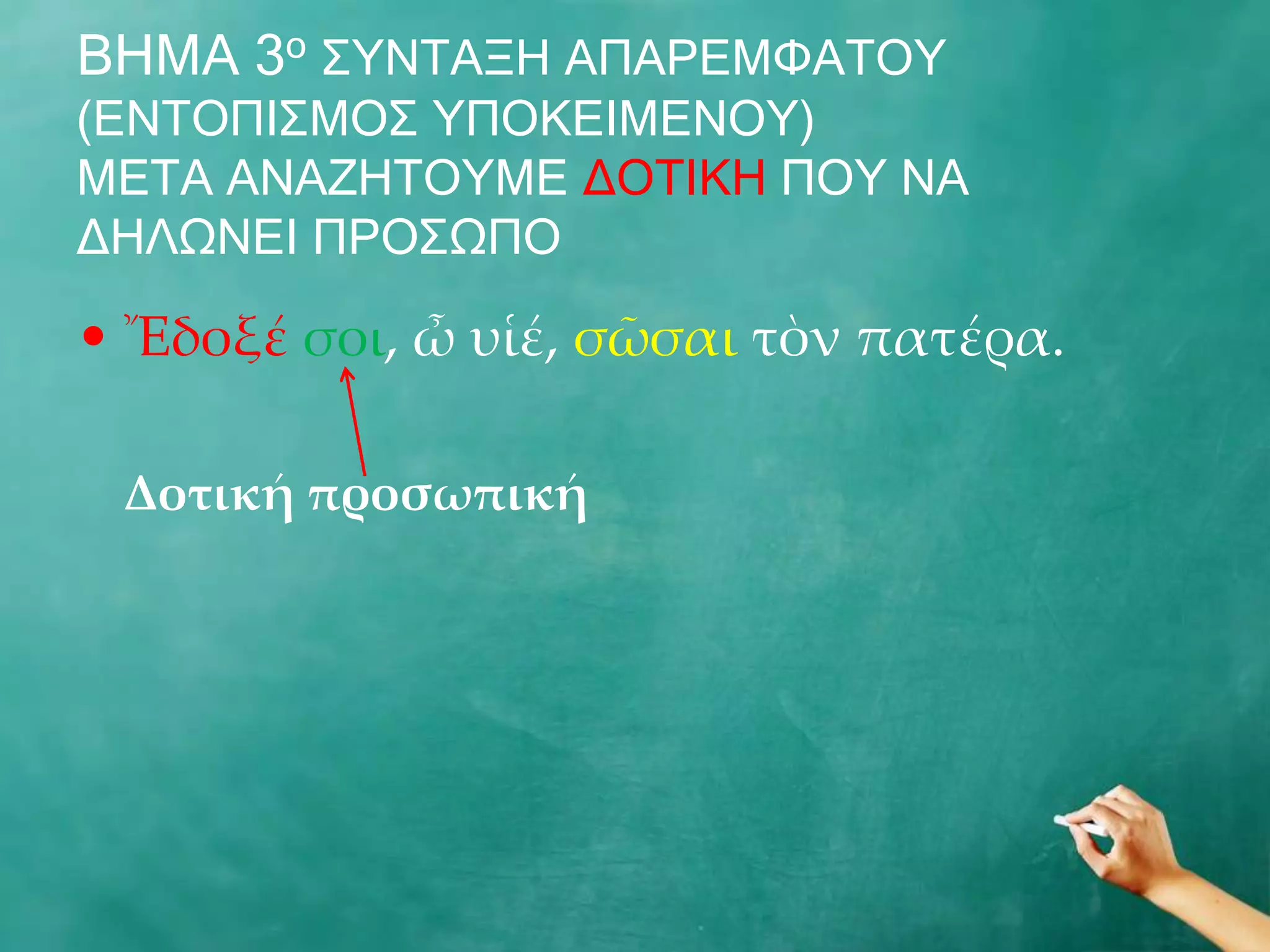 ΒΖΚΑ 3ν Π΢ΛΡΑΜΖ ΑΞΑΟΔΚΦΑΡΝ΢
(ΔΛΡΝΞΗΠΚΝΠ ΢ΞΝΘΔΗΚΔΛΝ΢)
ΚΔΡΑ ΑΛΑΕΖΡΝ΢ΚΔ ΓΝΡΗΘΖ ΞΝ΢ ΛΑ
ΓΖΙΩΛΔΗ ΞΟΝΠΩΞΝ

• Ἔδοξέ σοι, ὦ υἱέ, σῶσαι τὸν πατέρα.

 Δοτική προσωπική
 