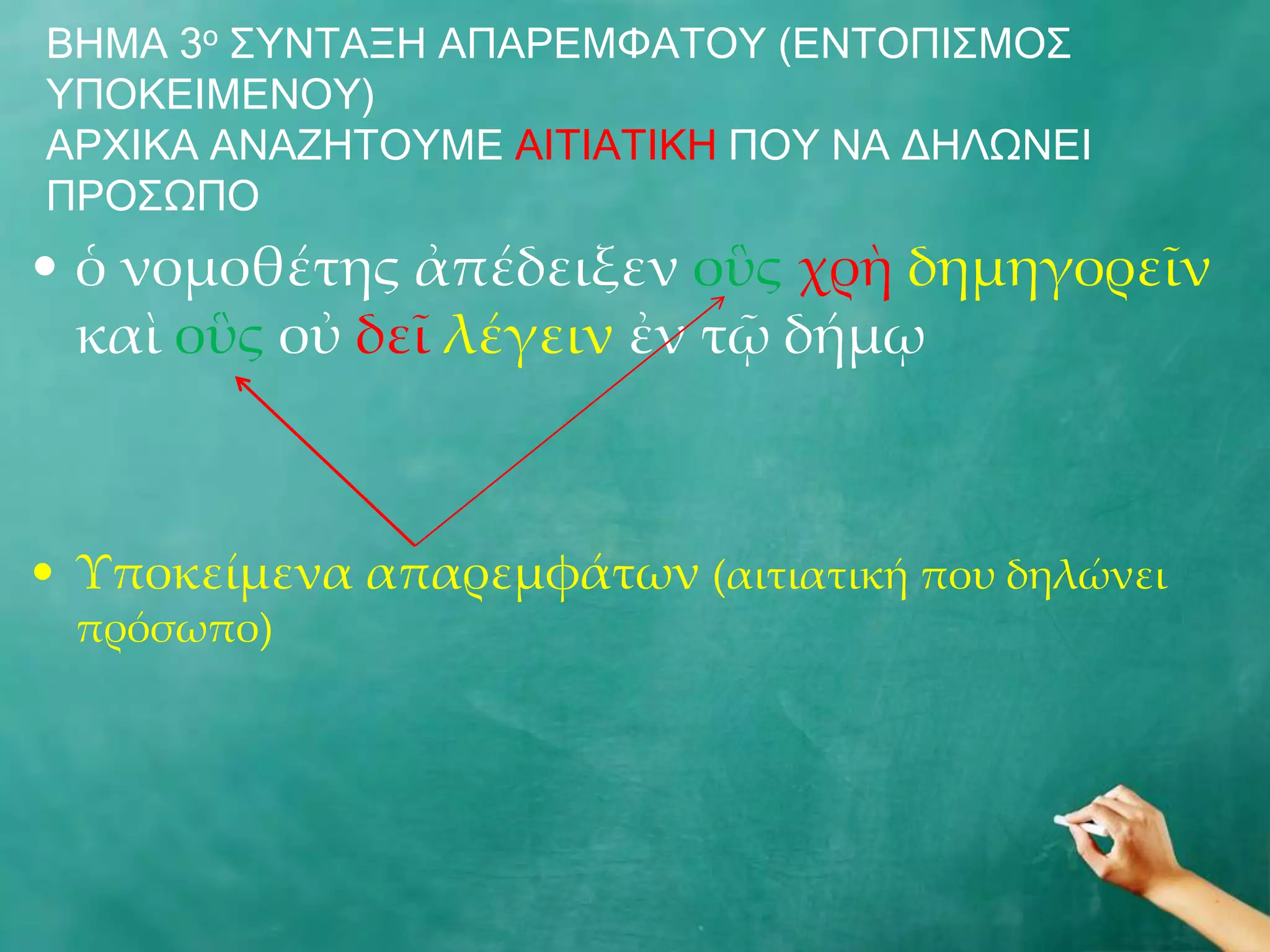 ΒΖΚΑ 3ν Π΢ΛΡΑΜΖ ΑΞΑΟΔΚΦΑΡΝ΢ (ΔΛΡΝΞΗΠΚΝΠ
΢ΞΝΘΔΗΚΔΛΝ΢)
ΑΟΣΗΘΑ ΑΛΑΕΖΡΝ΢ΚΔ ΑΗΡΗΑΡΗΘΖ ΞΝ΢ ΛΑ ΓΖΙΩΛΔΗ
ΞΟΝΠΩΞΝ
• ὁ νομοθέτης ἀπέδειξεν οὓς χρὴ δημηγορεῖν
  καὶ οὓς οὐ δεῖ λέγειν ἐν τῷ δήμῳ



• Τποκείμενα απαρεμφάτων (αιτιατική που δηλώνει
 πρόσωπο)
 