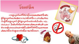 การสูบบุหรี่จะทาให้เกิดโรคหลอดเลือดหัวใจตีบ
ผู้ที่สูบบุหรี่จะเพิ่มอัตราการเกิดโรหัวใจ 5 เท่าเมื่อเทียบ
กั บ ผู้ ที่ ไ ม่ สู บ บุ ห รี่ ผู้ ที่ สู บ บุ ห รี่ จ ะมี ร ะดั บ ไขมั น HDL-
Cholesterol (ไขมันซึ่งป้องกันหลอกเลือดแดงตีบ)ต่า และ
ยังกระตุ้นระบบประสาทอัตโนมัติทาให้หัวใจและหลอด
เลือดเกิดโรค ยิ่งสูบมากยิ่งมีโอกาสเกิดโรคมาก
 