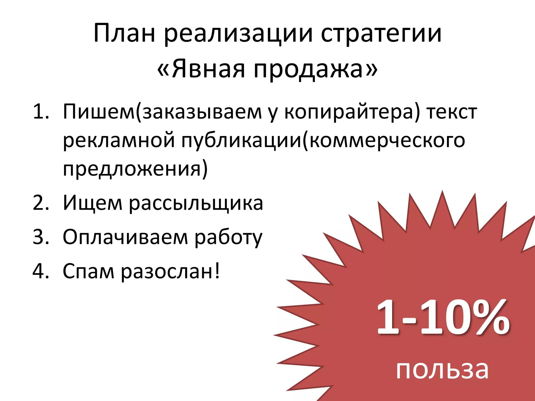 План реализации стратегии
         «Явная продажа»
1. Пишем(заказываем у копирайтера) текст
   рекламной публикации(коммерческого
   предложения)
2. Ищем рассыльщика
3. Оплачиваем работу
4. Спам разослан!

                              1-10%
                                польза
 