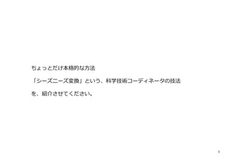 ちょっとだけ本格的な⽅法

「シーズニーズ変換」という、科学技術コーディネータの技法

を、紹介させてください。




                               3
 