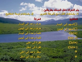 ‫يتم التحرك وداتخل المستند بطريقتين :‬
‫2- باستخدام لوحة المفاتيح‬     ‫1- باستخدام الفأرة مع أشرطة التمرير‬
                          ‫الحركة‬                           ‫المفاتيح‬
           ‫حرف واحد إلي اليسار‬               ‫‪‬السهم إلي اليسار‬
           ‫حرف واحد إلي اليمين‬                ‫‪‬السهم إلي اليمين‬
           ‫كلمة واحدة إلي اليسار‬                          ‫‪Ctrl+‬‬
           ‫كلمة واحدة إلي اليمين‬                         ‫‪Ctrl +‬‬
                   ‫فقرة إلي اعلي‬                          ‫‪Ctrl+‬‬
                   ‫فقرة إلي أسفل‬                         ‫‪Ctrl+ ‬‬
             ‫سطر واحد إلي أعلي‬                                ‫‪‬‬
             ‫سطر واحد إلي أسفل‬                                ‫‪‬‬
 