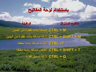 ‫باستخدام لوحة المفاتيح‬

          ‫الوظيفة‬                   ‫مفاتيح الختزال‬
    ‫‪ CTRL + M‬مسافة بادئه لفقرة من اليمين‬
‫‪ CTRL + SHIFT + M‬إزالة مسافة بادئه لفقرة من اليمين‬
       ‫‪ CTRL +T‬إنشاء مسافة بادئه معلقة‬
      ‫‪ CTRL + SHIFT + T‬إنقاص مسافة بادئه معلقة‬
             ‫‪ CTRL + Q‬إزالة تنسيق فقرة‬
 