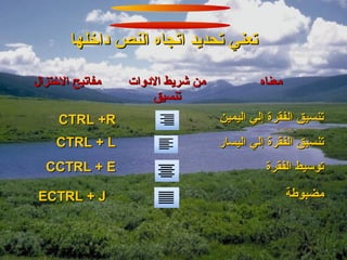 ‫تعني تحديد اتجاه النص داخلها‬

‫مفاتيح الختزال‬   ‫من شريط الدوات‬           ‫معناه‬
                     ‫تنسيق‬
     ‫‪CTRL +R‬‬                      ‫تنسيق الفقرة إلي اليمين‬
    ‫‪CTRL + L‬‬                      ‫تنسيق الفقرة إلي اليسار‬
  ‫‪CCTRL + E‬‬                                 ‫توسيط الفقرة‬

‫‪ECTRL + J‬‬                                         ‫مضبوطة‬
 