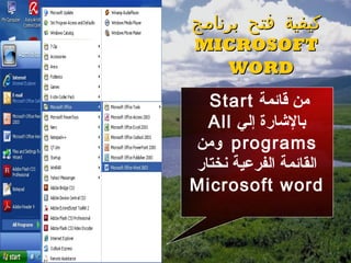 ‫كيفية فتح برنامج‬
‫‪MICROSOFT‬‬
  ‫‪WORD‬‬
  ‫من قايئمة ‪Start‬‬
  ‫بالاشارة إلي ‪All‬‬
‫‪ programs‬لومن‬
‫القايئمة الفرعية نختار‬
‫‪Microsoft word‬‬
 