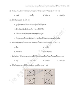 เอกสารประกอบการสอนเตรียมความพร้อมในการสอบโอเนต ชีววิทยา ปีการศึกษา 2555

32. ถ๎าตรวจเลือดแล๎วพบวําเม็ดเลือดขาวเพิ่มมากขึ้นผิดปกติแสดงวําเป็นโรคใด (O-NET 50)

        ก. เอดส์                 ข.ติดเชื้อ                ค. โลหิตจาง           ง. ธาลัสซีเมีย

33. ข๎อใดเป็นความจริง (O-NET 51)

        ก. ภูมิคุ๎มกันที่ทารกได๎จากแมํสามารถคุ๎มกันโรคได๎ทุกชนิด

        ข. วัคซีนป้องกันโรคไทฟอยด์ผลิตจากจุลินทรีย์ที่มีชีวิต

        ค. ม๎ามเป็นอวัยวะน้าเหลืองขนาดใหญํที่สุดของมนุษย์

        ง. สํวนประกอบหลักของเซรุํมคือสารพิษของจุลินทรีย์ที่หมดสภาพความเป็นพิษแล๎ว

34. อวัยวะในข๎อใดตํอไปนี้ไมํเป็นสํวนหนึ่งของระบบน้าเหลืองในรํางกายมนุษย์ (O-NET 52)

        ก. ม๎าม                                            ข. ทอนซิล

        ค. ตํอมไทมัส                                       ง. ตํอมหมวกไต

35. เมื่อเชื้อโรคเข๎าสูํรํางกายคน รํางกายจะมีปฏิกิริยาตอบสนองโดยสร๎างสารใดมาตํอสู๎ (O-NET 53)

        ก. ซีรุํม                ข. แอนติเจน               ค. ทอกซอยด์           ง. แอนติบอดี

36. ข๎อใดเป็นแผนภาพการให๎เลือดที่ถูกต๎องตามหมูํเลือด (O-NET 50)
 