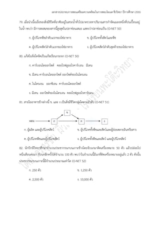 เอกสารประกอบการสอนเตรียมความพร้อมในการสอบโอเนต ชีววิทยา ปีการศึกษา 2555

79. เมื่อนาเนื้อเยื่อของสิ่งมีชีวิตที่อาศัยอยูํในสระน้าทั่วไปมาตรวจหาปริมาณสารกาจัดแมลงหนึ่งที่ปนเปื้อนอยูํ
ในน้า พบวํา มีการสะสมของสารนี้สูงสุดในปลาชํอนเสมอ แสดงวําปลาชํอนเป็น (O-NET 50)

        ก. ผู๎บริโภคพืชลาดับแรกของโซํอาหาร                  ข. ผู๎บริโภคทั้งสัตว์และพืช

        ค. ผู๎บริโภคสัตว์ลาดับแรกของโซํอาหาร                ง. ผู๎บริโภคสัตว์ลาดับสุดท๎ายของโซํอาหาร

80. แก๏สในข๎อใดจัดเป็นแก๏สเรือนกระจก (O-NET 50)

        ก. คาร์บอนไดออกไซด์ คลอโรฟลูออโรคาร์บอน มีเทน

        ข. มีเทน คาร์บอนไดออกไซด์ ออกไซด์ของไนโตรเจน

        ค. ไนโตรเจน ออกซิเจน คาร์บอนไดออกไซด์

        ง. มีเทน ออกไซด์ของไนโตรเจน คลอโรฟลูออโรคาร์บอน

81. สายใยอาหารข๎างลํางนี้ ข. และ ง เป็นสิ่งมีชีวิตกลุํมใดตามลาดับ (O-NET 51)




    ก. ผู๎ผลิต และผู๎บริโภคสัตว์                   ข. ผู๎บริโภคทั้งพืชและสัตว์และผู๎ยํอยสลายอินทรียสาร

    ค. ผู๎บริโภคพืชและผู๎บริโภคสัตว์               ง. ผู๎บริโภคทั้งพืชและสัตว์ และผู๎บริโภคสัตว์

82. นักปักษีวิทยาศึกษาจานวนประชากรนกบนเกาะช๎างโดยจับนกมาติดเครื่องหมาย 50 ตัว แล๎วปลํอยไป
หนึ่งเดือนตํอมา จับนกอีกครั้งได๎จานวน 100 ตัว พบวําในจานวนนี้มีนกที่ติดเครื่องหมายอยูํแล๎ว 2 ตัว ดังนั้น
ประชากรนกบนเกาะนี้มีจานวนประมาณเทําใด (O-NET 52)

        ก. 250 ตัว                                 ข. 1,250 ตัว

        ค. 2,500 ตัว                               ง. 10,000 ตัว
 