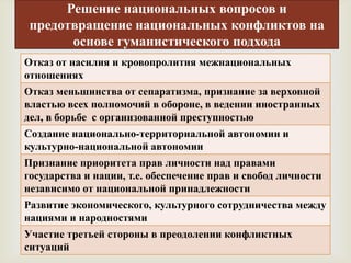 Решение национальных вопросов и
 предотвращение национальных конфликтов на
       основе гуманистического подхода
Отказ от насилия и кровопролития межнациональных
отношениях                 
Отказ меньшинства от сепаратизма, признание за верховной
властью всех полномочий в обороне, в ведении иностранных
дел, в борьбе с организованной преступностью
Создание национально-территориальной автономии и
культурно-национальной автономии
Признание приоритета прав личности над правами
государства и нации, т.е. обеспечение прав и свобод личности
независимо от национальной принадлежности
Развитие экономического, культурного сотрудничества между
нациями и народностями
Участие третьей стороны в преодолении конфликтных
ситуаций
 