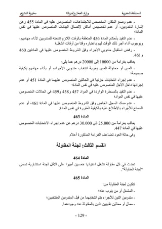 ‫- ػيّ ٟٝغ حٌُٔخٕ حُٔوٜٚ ُ٬ؿظٔخػخص، حُٜٔ٘ٞٙ ػِ٤ٚ ك٢ حُٔخىس 113 ٍٖٛ‬
‫اٗخٍس حُٔ٘يٝر٤ٖ، أٝ ػيّ طوٜ٤ٚ أٓخًٖ ٩ُٜخم حُز٤خٗخص حُٜٔ٘ٞٙ ػِ٤ٜخ ك٢ ٗلْ‬
                                                                 ‫حُٔخىس؛‬
‫- ػيّ حُظو٤ي رؤكٌخّ حُٔخىس 213 حُٔظؼِوش رخُٞهض حُ٬ُّ اطخكظٚ ُِٔ٘يٝر٤ٖ ٧ىحء ٜٓخْٜٓ،‬
                        ‫ٝرٞؿٞد أىحء أؿَ ًُي حُٞهض ُْٜ رخػظزخٍٙ ٝهظخ ٖٓ أٝهخص حُ٘ـَ؛‬
‫- ٍكٞ حٓظوزخٍ ٓ٘يٝر٢ ح٧ؿَحء ٝكن حَُ٘ٝ١ حُٜٔ٘ٞٙ ػِ٤ٜخ ك٢ حُٔخىط٤ٖ 123‬
                                                                   ‫ٝ523.‬
                            ‫٣ؼخهذ رـَحٓش ٖٓ 11115 اُ٠ 11112 ىٍْٛ ػٔخ ٣ِ٢6‬
‫- حُْٔ أٝ ٓلخُٝش حُْٔ رلَ٣ش حٗظوخد ٓ٘يٝر٢ ح٧ؿَحء، أٝ رؤىحء ٜٓخْٜٓ رٌ٤ل٤ش‬
                                                                     ‫ٛل٤لش؛‬
‫- ػيّ اؿَحء حٗظوخرخص ؿِث٤ش ك٢ حُلخُظ٤ٖ حُٜٔ٘ٞٙ ػِ٤ٜٔخ ك٢ حُٔخىس 513 أٝ ػيّ‬
                               ‫اؿَحثٜخ ىحهَ ح٧ؿَ حُٜٔ٘ٞٙ ػِ٤ٚ ك٢ ٗلْ حُٔخىس؛‬
‫- ػيّ حُظو٤ي رخُٔٔطَس حُٞحٍىس ك٢ حُٔٞحى 313 ٝ413 ٝ513 ك٢ حُلخ٫ص حُٜٔ٘ٞٙ‬
                                                      ‫ػِ٤ٜخ ك٢ ٗلْ حُٔٞحى؛‬
‫- ػيّ ٓٔي حُٔـَ حُوخٙ ٝكن حَُ٘ٝ١ حُٜٔ٘ٞٙ ػِ٤ٜخ ك٢ حُٔخىس 523، أٝ ػيّ‬
                          ‫حُٔٔخف ُ٨ؿَحء رخ٫١٬ع ػِ٤ٚ رخٌُ٤ل٤ش حُٔوٍَس ك٢ ٗلْ حُٔخىس.‬
                                     ‫انًادج 475‬
‫٣ؼخهذ رـَحٓش ٖٓ 111.12 اُ٠ 111.14 ىٍْٛ ػٖ ػيّ اؿَحء ح٫ٗظوخرخص حُٜٔ٘ٞٙ‬
                                                       ‫ػِ٤ٜخ ك٢ حُٔخىس 333.‬
                                  ‫ٝك٢ كخُش حُؼٞى ط٠خػق حُـَحٓش حًٌٍُٔٞس أػ٬ٙ.‬

                         ‫انمظى انخانج; نجُح انًماونح‬

                                     ‫انًادج 575‬
‫طليع ك٢ ً َ ٓوخُٝش ط٘ـَ حػظ٤خى٣خ هٔٔ٤ٖ أؿ٤َح ػِ٠ ح٧هَ ُـ٘ش حٓظ٘خٍ٣ش طٔٔ٠‬
                                                                 ‫"ُـ٘ش حُٔوخُٝش".‬
                                     ‫انًادج 675‬
                                                          ‫طظٌٕٞ ُـ٘ش حُٔوخُٝش ٖٓ6‬
                                                       ‫- حُٔ٘ـَ أٝ ٖٓ ٣٘ٞد ػ٘ٚ؛‬
                  ‫- ٓ٘يٝر٤ٖ حػ٘٤ٖ ُ٨ؿَحء ٣ظْ حٗظوخرٜٔخ ٖٓ هزَ حُٔ٘يٝر٤ٖ حُٔ٘ظوز٤ٖ؛‬
                             ‫- ٓٔؼَ أٝ ٓٔؼِ٤ٖ ٗوخر٤٤ٖ حػ٘٤ٖ رخُٔوخُٝش ػ٘ي ٝؿٞىٛٔخ.‬

                                      ‫- 525 -‬
 