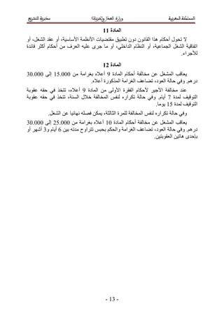 ‫انًادج 22‬
‫٫ طلٍٞ أكٌخّ ٌٛح حُوخٕٗٞ ىٕٝ ططز٤ن ٓوظ٠٤خص ح٧ٗظٔش ح٧ٓخٓ٤ش، أٝ ػوي حُ٘ـَ، أٝ‬
‫حطلخه٤ش حُ٘ـَ حُـٔخػ٤ش، أٝ حُ٘ظخّ حُيحهِ٢، أٝ ٓخ ؿَٟ ػِ٤ٚ حُؼَف ٖٓ أكٌخّ أًؼَ كخثيس‬
                                                                         ‫ُ٨ؿَحء.‬
                                      ‫انًادج 32‬
‫٣ؼخهذ حُٔ٘ـَ ػٖ ٓوخُلش أكٌخّ حُٔخىس 5 أػ٬ٙ رـَحٓش ٖٓ 111.15 اُ٠ 111.14‬
                          ‫ىٍْٛ. ٝك٢ كخُش حُؼٞى، ط٠خػق حُـَحٓش حًٌٍُٔٞس أػ٬ٙ.‬
‫ػ٘ي ٓوخُلش ح٧ؿ٤َ ٧كٌخّ حُلوَس ح٧ُٝ٠ ٖٓ حُٔخىس 5 أػ٬ٙ، طظوٌ ك٢ كوٚ ػوٞرش‬
‫حُظٞه٤ق ُٔيس 3 أ٣خّ. ٝك٢ كخُش طٌَحٍٙ ُ٘لْ حُٔوخُلش ه٬ٍ حُٔ٘ش، طظوٌ ك٢ كوٚ ػوٞرش‬
                                                          ‫حُظٞه٤ق ُٔيس 15 ٣ٞٓخ.‬
          ‫ٝك٢ كخُش طٌَحٍٙ ُ٘لْ حُٔوخُلش َُِٔس حُؼخُؼش، ٣ٌٖٔ كِٜٚ ٜٗخث٤خ ػٖ حُ٘ـَ.‬
‫٣ؼخهذ حُٔ٘ـَ ػٖ ٓوخُلش أكٌخّ حُٔخىس 15 أػ٬ٙ رـَحٓش ٖٓ 111.12 اُ٠ 111.14‬
‫ىٍْٛ. ٝك٢ كخُش حُؼٞى، ط٠خػق حُـَحٓش ٝحُلٌْ رلزْ طظَحٝف ٓيطٚ ر٤ٖ 2 أ٣خّ ٝ4 أَٜٗ أٝ‬
                                                            ‫ربكيٟ ٛخط٤ٖ حُؼوٞرظ٤ٖ.‬




                                       ‫- 45 -‬
 
