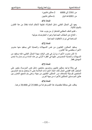 ‫1 ٓٔؼِ٤ٖ ٗوخر٤٤ٖ؛‬      ‫ٖٓ 5114 اُ٠ 1112‬
                                     ‫2 ٓٔؼِ٤ٖ ٗوخر٤٤ٖ.‬         ‫ٖٓ 5112 كٔخ كٞم‬
                                     ‫انًادج 285‬
‫٣ؼٜي اُ٠ حُٔٔؼَ حُ٘وخر٢ ىحهَ حُٔوخُٝش، ططز٤وخ ٧كٌخّ حُٔخىس 254 ٖٓ ٌٛح حُوخٕٗٞ‬
                                                                     ‫رخُٜٔخّ حُظخُ٤ش6‬
                                   ‫- طوي٣ْ حُِٔق حُٔطِز٢ ُِٔ٘ـَ أٝ ٖٓ ٣٘ٞد ػ٘ٚ؛‬
                         ‫- حُيكخع ػٖ حُٔطخُذ حُـٔخػ٤ش ٝاؿَحء حُٔلخٟٝخص كُٜٞخ؛‬
                                            ‫حُٔٔخٛٔش ك٢ ارَحّ ح٫طلخه٤خص حُـٔخػ٤ش.‬
                                     ‫انًادج 385‬
‫٣ٔظل٤ي حُٔٔؼِٕٞ حُ٘وخر٤ٕٞ ٖٓ ٗلْ حُظٜٔ٤٬ص ٝحُلٔخ٣ش حُظ٢ ٣ٔظل٤ي ٜٓ٘خ ٓ٘يٝرٞ‬
                                                   ‫ح٧ؿَحء رٔوظ٠٠ ٌٛح حُوخٕٗٞ.‬
‫اًح ًخٕ ٓ٘يٝد ح٧ؿَحء ٣ِحٍٝ ك ٢ ٗلْ حُٞهض ٜٓٔش حُٔٔؼَ حُ٘وخر٢، كبٗٚ ٣ٔظل٤ي ٖٓ‬
‫حُظٜٔ٤٬ص ٝحُلٔخ٣ش حُٔ٘ ٜٞٙ ػِ٤ٜخ ك٢ حُلوَس ح٧ُٝ٠ ٖٓ ٌٛٙ حُٔخىس رَْٓ ٓٔخٍٓش اكيٟ‬
                                                                    ‫حُٜٔٔظ٤ٖ كو٢.‬
                                     ‫انًادج 485‬
‫ك٢ كخُش طٞحؿي ٓٔؼِ٤ٖ ٗوخر٤٤ٖ ٝٓ٘يٝر٤ٖ ٓ٘ظوز٤ٖ ىحهَ ٗلْ حُٔئٓٔش، ٣ظؼ٤ٖ ػِ٠‬
‫حُٔ٘ـَ، ًِٔخ حهظ٠٠ حُلخٍ ًُي، حطوخً ح٩ؿَحءحص حُٔ٬ثٔش كظ٠ ٫ ٣ٔظؼَٔ طٞحؿي حُٔ٘يٝر٤ٖ‬
‫حُٔ٘ظوز٤ٖ ًٞٓ٤ِش ٩ٟؼخف ىٍٝ حُٔٔؼِ٤ٖ حُ٘وخر٤٤ٖ ٖٓ ؿٜش، ٝكظ٠ ٣ظْ ط٘ـ٤غ حُظؼخٕٝ ر٤ٖ‬
                                   ‫ٛخط٤ٖ حُٔئٓٔظ٤ٖ حُٔٔؼِظ٤ٖ ُ٨ؿَحء ٖٓ ؿٜش أهَٟ.‬
                                     ‫انًادج 585‬
    ‫٣ؼخهذ ػِ٠ ٓوخُلش ٓوظ٠٤خص ٌٛح حُؤْ رـَحٓش ٖٓ 111.12 اُ٠ 111.14 ىٍٛٔخ.‬




                                      ‫- 545 -‬
 