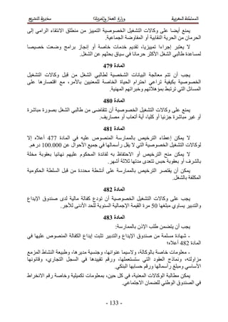 ‫٣ٔ٘غ أ٣٠خ ػِ٠ ًٝخ٫ص حُظ٘ـ٤َ حُوٜٞٛ٤ش حُظٔ٤٤ِ ٖٓ ٓ٘طِن ح٫ٗظوخء حَُحٓ٢ اُ٠‬
                                     ‫حُلَٓخٕ ٖٓ حُلَ٣ش حُ٘وخر٤ش أٝ حُٔلخٟٝش حُـٔخػ٤ش.‬
‫٫ ٣ؼظزَ اؿَحءح طٔ٤٤ِ٣خ، طوي٣ْ هيٓخص هخٛش أٝ اٗـخُ رَحٓؾ ٟٝؼض هٜ٤ٜخ‬
                 ‫ُٔٔخػيس ١خُز٢ حُ٘ـَ ح٧ًؼَ كَٓخٗخ ك٢ ٓ٤خم رلؼْٜ ػٖ حُ٘ـَ.‬
                                     ‫انًادج :85‬
‫٣ـذ إٔ طظْ ٓؼخُـش حُز٤خٗخص حُ٘وٜ٤ش ُطخُز٢ حُ٘ـَ ٖٓ هزَ ًٝخ٫ص حُظ٘ـ٤َ‬
‫حُوٜٞٛ٤ش رٌ٤ل٤ش طَحػ٢ حكظَحّ حُل٤خس حُوخٛش ُِٔؼ٘٤٤ٖ رخ٧َٓ، ٓغ حهظٜخٍٛخ ػِ٠‬
                                  ‫حُٔٔخثَ حُظ٢ طَطز٢ رٔئٛ٬طْٜ ٝهزَحطْٜ حُٜٔ٘٤ش.‬
                                     ‫انًادج 195‬
‫٣ٔ٘غ ػِ٠ ًٝخ٫ص حُظ٘ـ٤َ حُوٜٞٛ٤ش إٔ طظوخٟ٠ ٖٓ ١خُز٢ حُ٘ـَ رٍٜٞس ٓزخَٗس‬
                              ‫أٝ ؿ٤َ ٓزخَٗس ؿِث٤خ أٝ ًِ٤خ، أ٣ش أطؼخد أٝ ٜٓخٍ٣ق.‬
                                     ‫انًادج 295‬
‫٫ ٣ٌٖٔ ا ػطخء حُظَه٤ٚ رخُٔٔخٍٓش حُٜٔ٘ٞٙ ػِ٤ٚ ك٢ حُٔخىس 333 أػ٬ٙ ا٫‬
‫ًُٞخ٫ص حُظ٘ـ٤َ حُوٜٞٛ٤ش حُظ٢ ٫ ٣وَ ٍأٓٔخُٜخ ك٢ ؿٔ٤غ ح٧كٞحٍ ػٖ 111.115 ىٍْٛ.‬
‫٫ ٣ٌٖٔ ٓ٘ق حُظَه٤ٚ أٝ ح٫كظلخظ رٚ ُلخثيس حُٔلٌّٞ ػِ٤ْٜ ٜٗخث٤خ رؼوٞرش ٓوِش‬
                                       ‫رخَُ٘ف أٝ رؼوٞرش كزْ طظؼيٟ ٓيطٜخ ػ٬ػش أَٜٗ.‬
‫٣ٌٖٔ إٔ ٣وظَٜ حُظَه٤ٚ رخُٔٔخٍٓش ػِ٠ أٗ٘طش ٓليىس ٖٓ هزَ حُِٔطش حُلٌٞٓ٤ش‬
                                                              ‫حٌُِٔلش رخُ٘ـَ.‬
                                     ‫انًادج 395‬
‫٣ـذ ػِ٠ ًٝخ٫ص حُظ٘ـ٤َ حُوٜٞٛ٤ش إٔ طٞىع ًلخُش ٓخُ٤ش ُيٟ ٛ٘يٝم ح٩٣يحع‬
             ‫ٝحُظير٤َ ٣ٔخٝ١ ٓزِـٜخ 11 َٓس حُو٤ٔش ح٩ؿٔخُ٤ش حُٔ٘ٞ٣ش ُِلي ح٧ىٗ٠ ُ٨ؿَ.‬
                                     ‫انًادج 495‬
                                           ‫٣ـذ إٔ ٣ظ٠ٖٔ ١ِذ ح٩ًٕ رخُٔٔخٍٓش6‬
‫- ٜٗخىس ِٓٔٔش ٖٓ ٛ٘يٝم ح٩٣يحع ٝحُظير٤َ طؼزض ا٣يحع حٌُلخُش حُٜٔ٘ٞٙ ػِ٤ٜخ ك٢‬
                                                               ‫حُٔخىس 243 أػ٬ٙ؛‬
‫- ٓؼِٞٓخص هخ ٛش رخًُٞخُش، ٝ٫ٓ٤ٔخ ػ٘ٞحٜٗخ، ٝؿ٘ٔ٤ش ٓي٣َٛخ، ٝ١ز٤ؼش حُ٘٘خ١ حُِٔٓغ‬
‫ِٓحُٝظٚ، ٝٗٔخًؽ حُؼوٞى حُظ٢ ٓظٔظؼِٜٔخ، ٍٝهْ طو٤٤يٛخ ك٢ حُٔـَ حُظـخٍ١، ٝهخٜٗٞٗخ‬
                                          ‫ح٧ٓخٓ٢ ٝٓزِؾ ٍأٓٔخُٜخ ٍٝهْ كٔخرٜخ حُزٌ٘٢.‬
‫٣ٌٖٔ ٓطخُزش حًُٞخ٫ص حُٔؼ٘٤ش، ك٢ ًَ ك٤ٖ، رٔؼِٞٓخص طٌٔ٤ِ٤ش ٝهخٛش ٍهْ ح٫ٗوَح١‬
                                          ‫ك٢ حُٜ٘يٝم حُٞ١٘٢ ُِ٠ٔخٕ ح٫ؿظٔخػ٢.‬


                                      ‫- 445 -‬
 