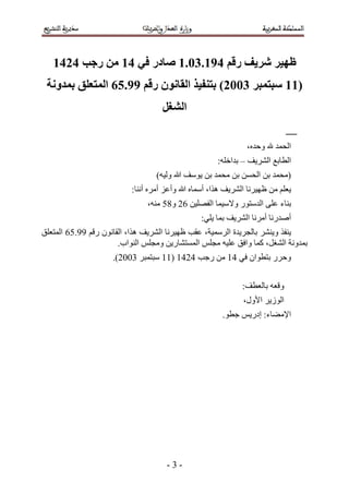 ‫ظهُز شزَف رلى 5:2.41.2 صادر فٍ 52 يٍ رجة 5352‬
 ‫(22 طثتًثز 4113) تتُفُذ انماَىٌ رلى ::.67 انًتؼهك تًذوَح‬
                                     ‫انشغم‬
                                                                               ‫ـــــــ‬
                                                                 ‫حُلٔي هلل ٝكيٙ،‬
                                                       ‫حُطخرغ حَُ٘٣ق – ريحهِٚ6‬
                                   ‫(ٓلٔي رٖ حُلٖٔ رٖ ٓلٔي رٖ ٣ٞٓق هللا ُٝ٤ٚ)‬
                           ‫٣ؼِْ ٖٓ ظٜ٤َٗخ حَُ٘٣ق ٌٛح، أٓٔخٙ هللا ٝأػِ أَٓٙ أٗ٘خ6‬
                                ‫ر٘خء ػِ٠ حُيٓظٍٞ ٝ٫ٓ٤ٔخ حُلِٜ٤ٖ 22 ٝ41 ٓ٘ٚ،‬
                                                  ‫أٛيٍٗخ أَٓٗخ حَُ٘٣ق رٔخ ٣ِ٢6‬
‫٣٘لٌ ٝ٣َ٘٘ رخُـَ٣يس حَُٓٔ٤ش، ػوذ ظٜ٤َٗخ حَُ٘٣ق ٌٛح، حُوخٕٗٞ ٍهْ 55.12 حُٔظؼِن‬
                       ‫رٔيٝٗش حُ٘ـَ، ًٔخ ٝحكن ػِ٤ٚ ٓـِْ حُٔٔظ٘خٍ٣ٖ ٝٓـِْ حُ٘ٞحد.‬
                     ‫ٝكٍَ رظطٞحٕ ك٢ 35 ٖٓ ٍؿذ 3235 (55 ٓزظٔزَ 4112).‬


                                                               ‫ٝهؼٚ رخُؼطق6‬
                                                                ‫حُُٞ٣َ ح٧ٍٝ،‬
                                                         ‫ح٩ٓ٠خء6 اىٍ٣ْ ؿطٞ.‬




                                      ‫-4-‬
 