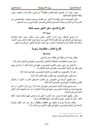 ‫41‬
‫ٖٓ هخٕٗٞ ح٫ُظِحٓخص ٝحُؼوٞى، ٓـَى‬        ‫٣ؼظزَ ح٩رَحء أٝ حُِٜق، ١زوخ ُِلَٜ 4515‬
                                                            ‫ٝػ٤وش رخُٔزخُؾ حُٔز٤٘ش ك٤ٜخ.‬
‫طؼل٠ حُظؼ ٞ٣٠خص حُظ٢ ٣ظوخٟخٛخ ح٧ؿ٤َ ػٖ حُلَٜ رٔٞؿذ ِٛق أٝ كٌْ ه٠خث٢، ٖٓ‬
     ‫حُ٠َ٣زش ػٖ حُيهَ ٝٝحؿزخص حُٜ٘يٝم حُٞ١٘٢ ُِ٠ٔخٕ ح٫ؿظٔخػ٢ ٍّٝٓٞ حُظٔـ٤َ.‬

                    ‫انفزع انتاطغ; طكٍ األجُز تظثة شغهه‬
                                        ‫انًادج 88‬
‫اًح ٟٝغ حُٔ٘ـَ ٍٖٛ اٗخٍس ح٧ؿ٤َ ٌٓ٘٠ رٔزذ ٗـِٚ، ٝؿذ ػِ٤ٚ اه٬إٛخ‬
‫ٝاٍؿخػٜخ اُ٠ حُٔ٘ـَ ك٢ أؿَ أهٜخٙ ػ٬ػش أَٜٗ ٖٓ طخٍ٣ن اٜٗخء حُؼوي أ٣خ ًخٕ ٓزذ ح٩ٜٗخء،‬
    ‫ًُٝي طلض ١خثِش ؿَحٓش طٜي٣ي٣ش ٫ طظؼيٟ ٍرغ ح٧ؿَس حُ٤ٞٓ٤ش ُ٨ؿ٤َ ػٖ ًَ ٣ّٞ طؤه٤َ.‬

                        ‫انفزع انؼاشز; يمتعُاخ سجزَح‬
                                        ‫انًادج 98‬
                                   ‫٣ؼخهذ رـَحٓش ٖٓ 114 اُ٠ 111 ىٍْٛ ػٔخ ٣ِ٢6‬
  ‫- ػيّ حكظَحّ حُٔوظ٠٤خص حُٔظؼِوش رخ٩هطخٍ حُٜٔ٘ٞٙ ػِ٤ٜخ ك٢ حُٔخىط٤ٖ 43 ٝ51؛‬
‫- ح٫ٓظ٘خع ػٖ ٓ٘ق ٍهٚ حُظـ٤ذ حُٜٔ٘ٞٙ ػِ٤ٜخ ك٢ حُٔخىس 43، أٝ حُٔٔخف رَٜٔ‬
                              ‫طـ٤ذ طوَ ػٖ حَُٜٔ حُٜٔ٘ٞٙ ػِ٤ٜخ ك٢ حُٔخىس حًٌٍُٔٞس؛‬
          ‫- ػيّ أىحء حُظؼٞ٣ٞ ػٖ حُلَٜ ٖٓ حُ٘ـَ حُٜٔ٘ٞٙ ػِ٤ٚ ك٢ حُٔخىس 21؛‬
                       ‫- ػيّ طوي٣َ ٓزِؾ حُظؼٞ٣ٞ ػٖ حُلَٜ ٝكن أكٌخّ حُٔخىس 41؛‬
‫- ػيّ ططز٤ن حُِ٣خىس ك٢ حُظؼٞ٣ٞ ػٖ حُلَٜ حُٔٔظلن ُٔ٘يٝد ح٧ؿَحء ٝحُٔٔؼَ‬
                                  ‫حُ٘وخر٢ رخُٔوخُٝش، حُٜٔ٘ٞٙ ػِ٤ٚ ك٢ حُٔخىس 41؛‬
‫- ػيّ ٟٝغ ٜٗخىس حُ٘ـَ حُٜٔ٘ٞٙ ػِ٤ٜخ ك٢ حُٔخىس 23 ٍٖٛ اٗخٍس ح٧ؿ٤َ، أٝ ػيّ‬
‫ط٠ٔ٤ٜ٘خ ر٤خٗخ ٖٓ حُز٤خٗخص حُٜٔ٘ٞٙ ػِ٤ٜخ ك٢ حُٔخىس حًٌٍُٔٞس، أٝ ػيّ طِٔ٤ٜٔخ ىحهَ ح٧ؿَ‬
                                                             ‫حُٔليى ك٢ ٗلْ حُٔخىس؛‬
‫٣ظٌٍَ ططز٤ن حُـَحٓش كٔذ ػيى ح٧ؿَحء حٌُ٣ٖ ُْ طَحع ك٢ كوْٜ أكٌخّ حُٔٞحى ح٥ٗلش‬
                           ‫حًٌَُ، ػِ٠ أ٫ ٣ظـخُٝ ٓـٔٞع حُـَحٓخص ٓزِؾ 111.12 ىٍْٛ.‬
‫- ٣ؼخهذ رـَحٓش ٣ظَحٝف ٓزِـٜخ ر٤ٖ 1112 ٝ1111 ىٍْٛ ػٖ ػيّ حُظو٤ي رؤُٝٞ٣ش‬
                     ‫ح٩ػخىس اُ٠ حُ٘ـَ حُٜٔ٘ٞٙ ػِ٤ٜخ ك٢ حُلوَس ح٧ه٤َس ٖٓ حُٔخىس 53؛‬



                                                    ‫52 – ٗلْ ح٩كخُش حُٔ٠ٔ٘ش ك٢ حُٜخٖٓ حُٔخرن.‬



                                         ‫- 24 -‬
 