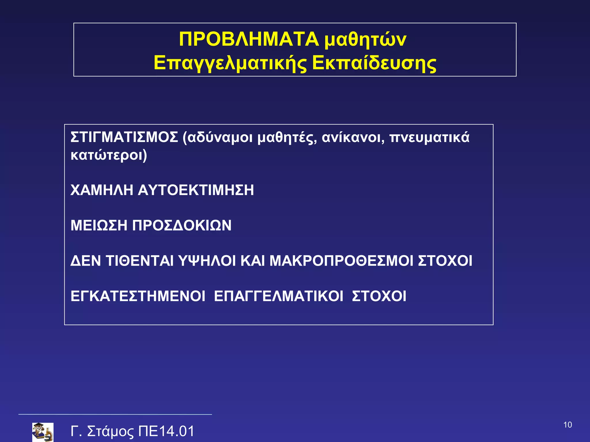 ΠΡΟΒΛΗΜΑΤΑ μαθητών
           Επαγγελματικής Εκπαίδευσης


ΣΤΙΓΜΑΤΙΣΜΟΣ (αδύναμοι μαθητές, ανίκανοι, πνευματικά
κατώτεροι)

ΧΑΜΗΛΗ ΑΥΤΟΕΚΤΙΜΗΣΗ

ΜΕΙΩΣΗ ΠΡΟΣΔΟΚΙΩΝ

ΔΕΝ ΤΙΘΕΝΤΑΙ ΥΨΗΛΟΙ ΚΑΙ ΜΑΚΡΟΠΡΟΘΕΣΜΟΙ ΣΤΟΧΟΙ

ΕΓΚΑΤΕΣΤΗΜΕΝΟΙ ΕΠΑΓΓΕΛΜΑΤΙΚΟΙ ΣΤΟΧΟΙ




                                                       10
Γ. Στάμος ΠΕ14.01
 