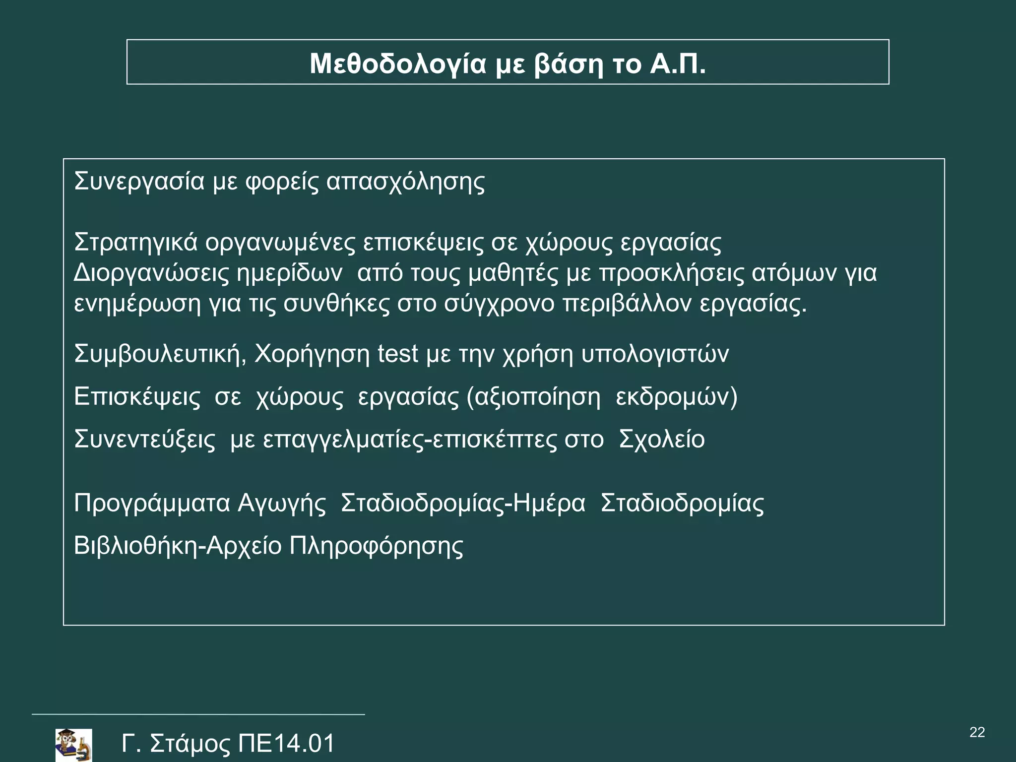 Μεθοδολογία με βάση το Α.Π.



Συνεργασία με φορείς απασχόλησης

Στρατηγικά οργανωμένες επισκέψεις σε χώρους εργασίας
Διοργανώσεις ημερίδων από τους μαθητές με προσκλήσεις ατόμων για
ενημέρωση για τις συνθήκες στο σύγχρονο περιβάλλον εργασίας.
Συμβουλευτική, Χορήγηση test με την χρήση υπολογιστών
Επισκέψεις σε χώρους εργασίας (αξιοποίηση εκδρομών)
Συνεντεύξεις με επαγγελματίες-επισκέπτες στο Σχολείο

Προγράμματα Αγωγής Σταδιοδρομίας-Ημέρα Σταδιοδρομίας
Βιβλιοθήκη-Αρχείο Πληροφόρησης




                                                                   22
   Γ. Στάμος ΠΕ14.01
 