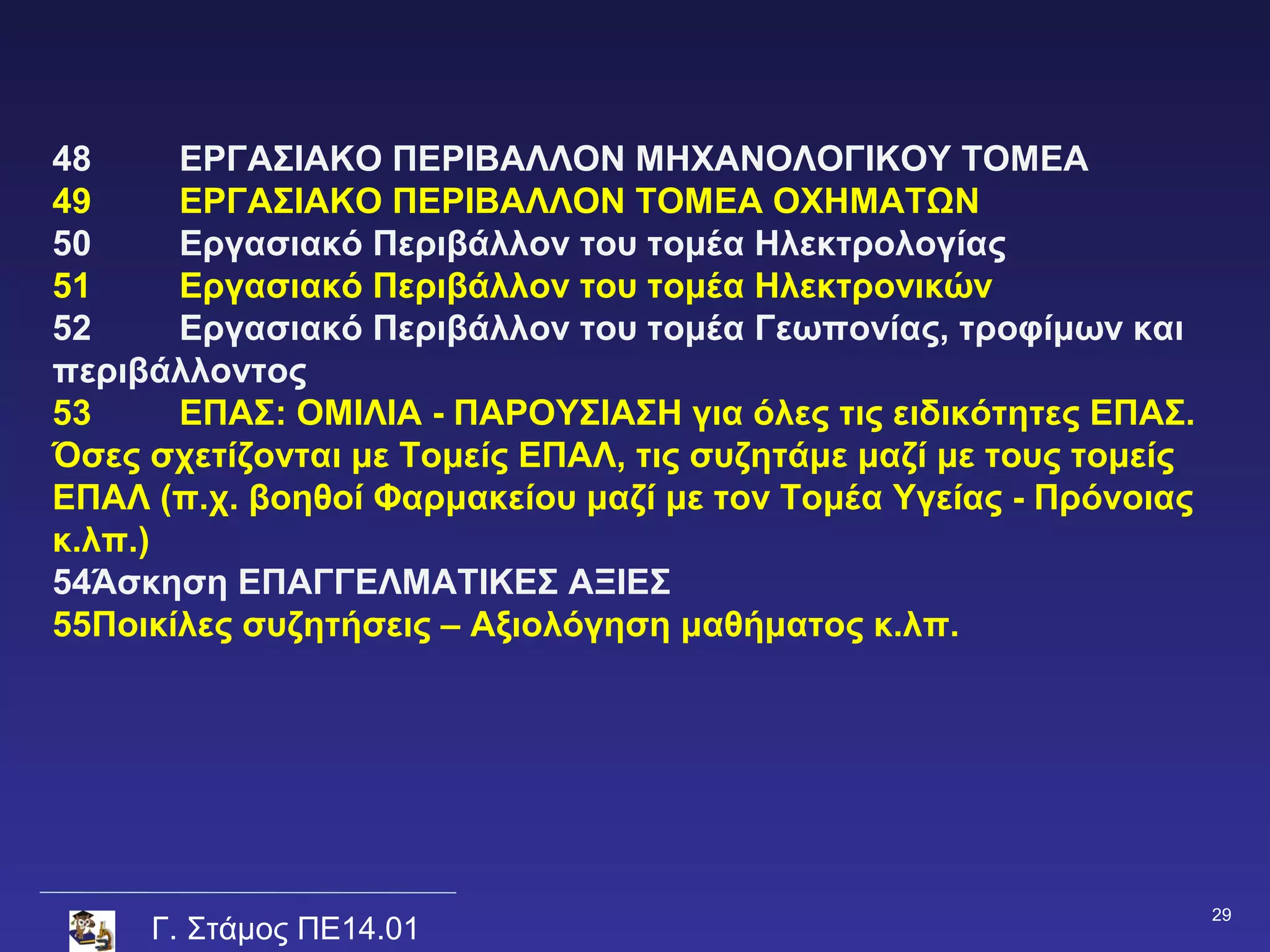 48     ΕΡΓΑΣΙΑΚΟ ΠΕΡΙΒΑΛΛΟΝ ΜΗΧΑΝΟΛΟΓΙΚΟΥ ΤΟΜΕΑ
49     ΕΡΓΑΣΙΑΚΟ ΠΕΡΙΒΑΛΛΟΝ ΤΟΜΕΑ ΟΧΗΜΑΤΩΝ
50     Εργασιακό Περιβάλλον του τομέα Ηλεκτρολογίας
51     Εργασιακό Περιβάλλον του τομέα Ηλεκτρονικών
52     Εργασιακό Περιβάλλον του τομέα Γεωπονίας, τροφίμων και
περιβάλλοντος
53     ΕΠΑΣ: ΟΜΙΛΙΑ - ΠΑΡΟΥΣΙΑΣΗ για όλες τις ειδικότητες ΕΠΑΣ.
Όσες σχετίζονται με Τομείς ΕΠΑΛ, τις συζητάμε μαζί με τους τομείς
ΕΠΑΛ (π.χ. βοηθοί Φαρμακείου μαζί με τον Τομέα Υγείας - Πρόνοιας
κ.λπ.)
54Άσκηση ΕΠΑΓΓΕΛΜΑΤΙΚΕΣ ΑΞΙΕΣ
55Ποικίλες συζητήσεις – Αξιολόγηση μαθήματος κ.λπ.




                                                                    29
     Γ. Στάμος ΠΕ14.01
 