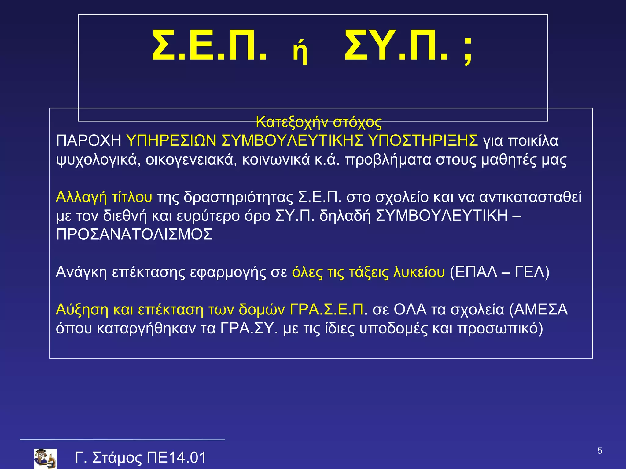 Σ.Ε.Π.             ή      ΣΥ.Π. ;
                            Κατεξοχήν στόχος
ΠΑΡΟΧΗ ΥΠΗΡΕΣΙΩΝ ΣΥΜΒΟΥΛΕΥΤΙΚΗΣ ΥΠΟΣΤΗΡΙΞΗΣ για ποικίλα
ψυχολογικά, οικογενειακά, κοινωνικά κ.ά. προβλήματα στους μαθητές μας

Αλλαγή τίτλου της δραστηριότητας Σ.Ε.Π. στο σχολείο και να αντικατασταθεί
με τον διεθνή και ευρύτερο όρο ΣΥ.Π. δηλαδή ΣΥΜΒΟΥΛΕΥΤΙΚΗ –
ΠΡΟΣΑΝΑΤΟΛΙΣΜΟΣ

Ανάγκη επέκτασης εφαρμογής σε όλες τις τάξεις λυκείου (ΕΠΑΛ – ΓΕΛ)

Αύξηση και επέκταση των δομών ΓΡΑ.Σ.Ε.Π. σε ΟΛΑ τα σχολεία (ΑΜΕΣΑ
όπου καταργήθηκαν τα ΓΡΑ.ΣΥ. με τις ίδιες υποδομές και προσωπικό)




                                                                            5
  Γ. Στάμος ΠΕ14.01
 