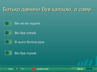 Батько дівчини був калікою, а саме..

 0




         1       Він не міг ходити

 0




         2       Він був сліпий

     0




          3      В нього боліла рука


     0




          4      Він був глухий



         Завд.   23   1 бал.      ДЗВОНИК   Далее
 
