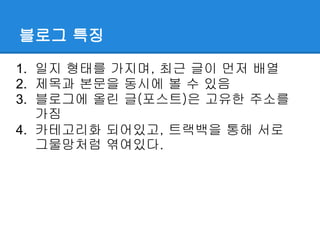 블로그 특징

1. 일지 형태를 가지며, 최근 글이 먼저 배열
2. 제목과 본문을 동시에 볼 수 있음
3. 블로그에 올린 글(포스트)은 고유한 주소를
   가짐
4. 카테고리화 되어있고, 트랙백을 통해 서로
   그물망처럼 엮여있다.
 