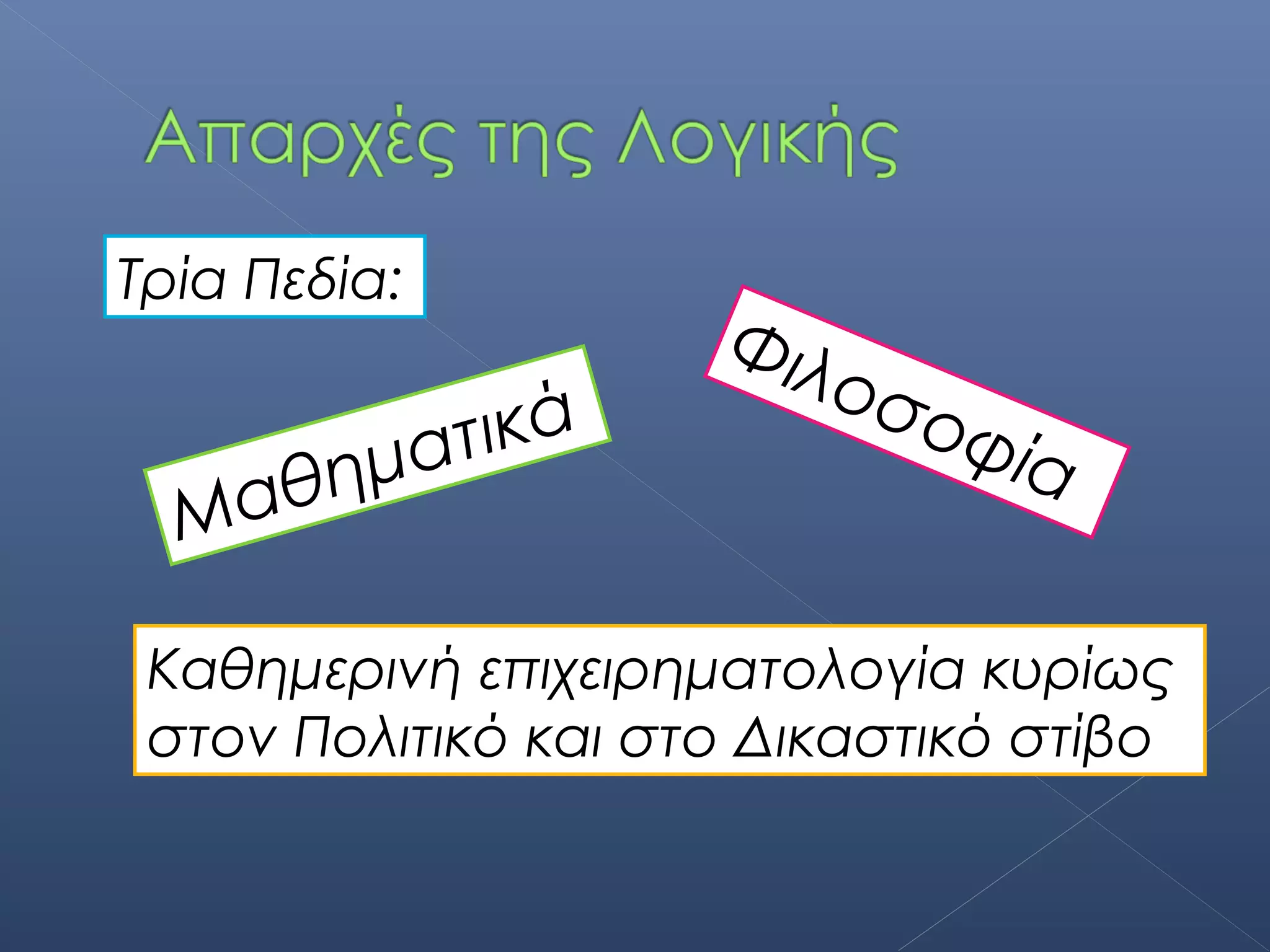 Τρία Πεδία:
                     Φιλ
                         οσ
         τικά                 οφ
    αθημα                       ία
  Μ

 Καθημερινή επιχειρηματολογία κυρίως
 στον Πολιτικό και στο Δικαστικό στίβο
 