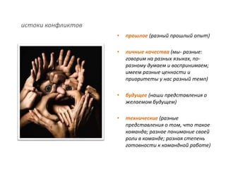истоки конфликтов
                    •   прошлое (разный прошлый опыт)

                    •   личные качества (мы- разные:
                        говорим на разных языках, по-
                        разному думаем и воспринимаем;
                        имеем разные ценности и
                        приоритеты у нас разный темп)

                    •   будущее (наши представления о
                        желаемом будущем)

                    •   технические (разные
                        представления о том, что такое
                        команда; разное понимание своей
                        роли в команде; разная степень
                        готовности к командной работе)
 