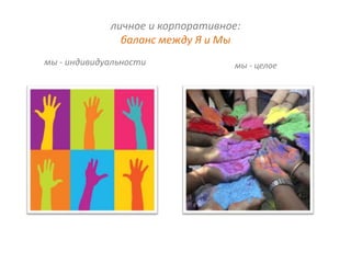 личное и корпоративное:
               баланс между Я и Мы
мы - индивидуальности             мы - целое
 