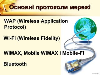 Основні протоколи мережі

WAP (Wireless Application
Protocol)

Wi-Fi (Wireless Fidelity)

WiMAX, Mobile WiMAX і Mobile-Fi

Bluetooth
 