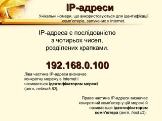 IP-адреси
      Унiкальнi номери, що використовуються для iдентифiкацiї
                  комп'ютерiв, залучених у Internet.


      IP-адреса є послідовністю
          з чотирьох чисел,
        розділених крапками.

         192.168.0.100
Ліва частина IP-адреси визначає
конкретну мережу в Internet і
називається ідентифікатором мережі
(англ. network ID).

                           Права частина IP-адреси визначає
                          конкретний комп'ютер у цій мережі й
                               називається ідентифікатором
                                  комп'ютера (англ. host ID).
 