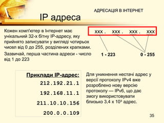 АДРЕСАЦІЯ В ІНТЕРНЕТ

               IP адреса
Кожен комп'ютер в Інтернет має           ххх . ххх .   ххх .     ххх
унікальний 32-х бітну IP-адресу, яку
прийнято записувати у вигляді чотирьох
чисел від 0 до 255, розділених крапками.
Зазвичай, перша частина адреси - число     1 - 223             0 - 255
від 1 до 223


         Приклади IP-адрес:        Для уникнення нестачі адрес у
                                   версії протоколу IPv4 вже
             212.192.21.1          розроблено нову версію
                                   протоколу — IPv6, що дає
               192.168.11.1
                                   змогу використовувати
              211.10.10.156        близько 3,4 х 1038 адрес.

                 200.0.0.109                                       35
 