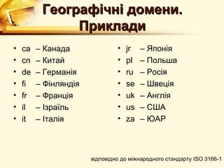 Географічні домени.
               Приклади
•   ca   – Канада               •   jr   – Японія
•   cn   – Китай                •   pl   – Польша
•   de   – Германія             •   ru   – Росія
•   fi   – Фінляндія            •   se   – Швеція
•   fr   – Франція              •   uk   – Англія
•   il   – Ізраїль              •   us   – США
•   it   – Італія               •   za   – ЮАР



                       відповідно до міжнародного стандарту ISO 3166-1
 