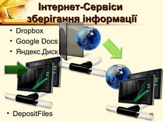 Інтернет-Cервіси
      зберігання інформації
• Dropbox
• Google Docs
• Яндекс.Диск




• DepositFiles                60
 