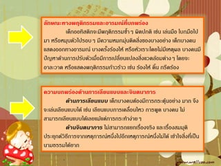 ลักษณะทางพฤติกรรมและอารมณ์ที่บกพร่อง
         เด็กออทิสติกจะมีพฤติกรรมซ้้าๆ ผิดปกติ เช่น เล่นมือ โบกมือไป
มา หรือหมุนตัวไปรอบๆ มีความหมกมุ่นติดสิ่งของบางอย่าง เด็กบางคน
แสดงออกทางอารมณ์ บางครั้งร้องไห้ หรือหัวเราะโดยไม่มีเหตุผล บางคนมี
ปัญหาด้านการปรับตัวเมื่อมีการเปลี่ยนแปลงสิ่งแวดล้อมต่างๆ โดยจะ
อาละวาด หรือแสดงพฤติกรรมก้าวร้าว เช่น ร้องไห้ ดิ้น กรีดร้อง


ความบกพร่องด้านการเลียนแบบและจินตนาการ
           ด้านการเลียนแบบ เด็กบางคนต้องมีการกระตุ้นอย่าง มาก จึง
จะเล่นเลียนแบบได้ เช่น เลียนแบบการเคลื่อนไหว การพูด บางคน ไม่
สามารถเลียนแบบได้เลยแม้แต่การกระท้าง่ายๆ
           ด้านจินตนาการ ไม่สามารถแยกเรื่องจริง และเรื่องสมมุติ
ประยุกต์วิธีการจากเหตุการณ์หนึ่งไปอีกเหตุการณ์หนึ่งไม่ได้ เข้าใจสิ่งที่เป็น
นามธรรมได้ยาก
 