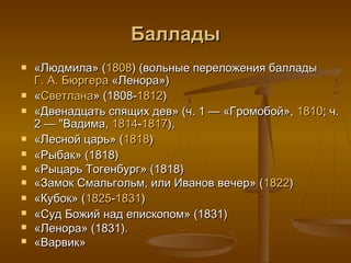 Баллады
   «Людмила» (1808) (вольные переложения баллады
    Г. А. Бюргера «Ленора»)
   «Светлана» (1808-1812)
   «Двенадцать спящих дев» (ч. 1 — «Громобой», 1810; ч.
    2 — "Вадима, 1814-1817),
   «Лесной царь» (1818)
   «Рыбак» (1818)
   «Рыцарь Тогенбург» (1818)
   «Замок Смальгольм, или Иванов вечер» (1822)
   «Кубок» (1825-1831)
   «Суд Божий над епископом» (1831)
   «Ленора» (1831).
   «Варвик»
 