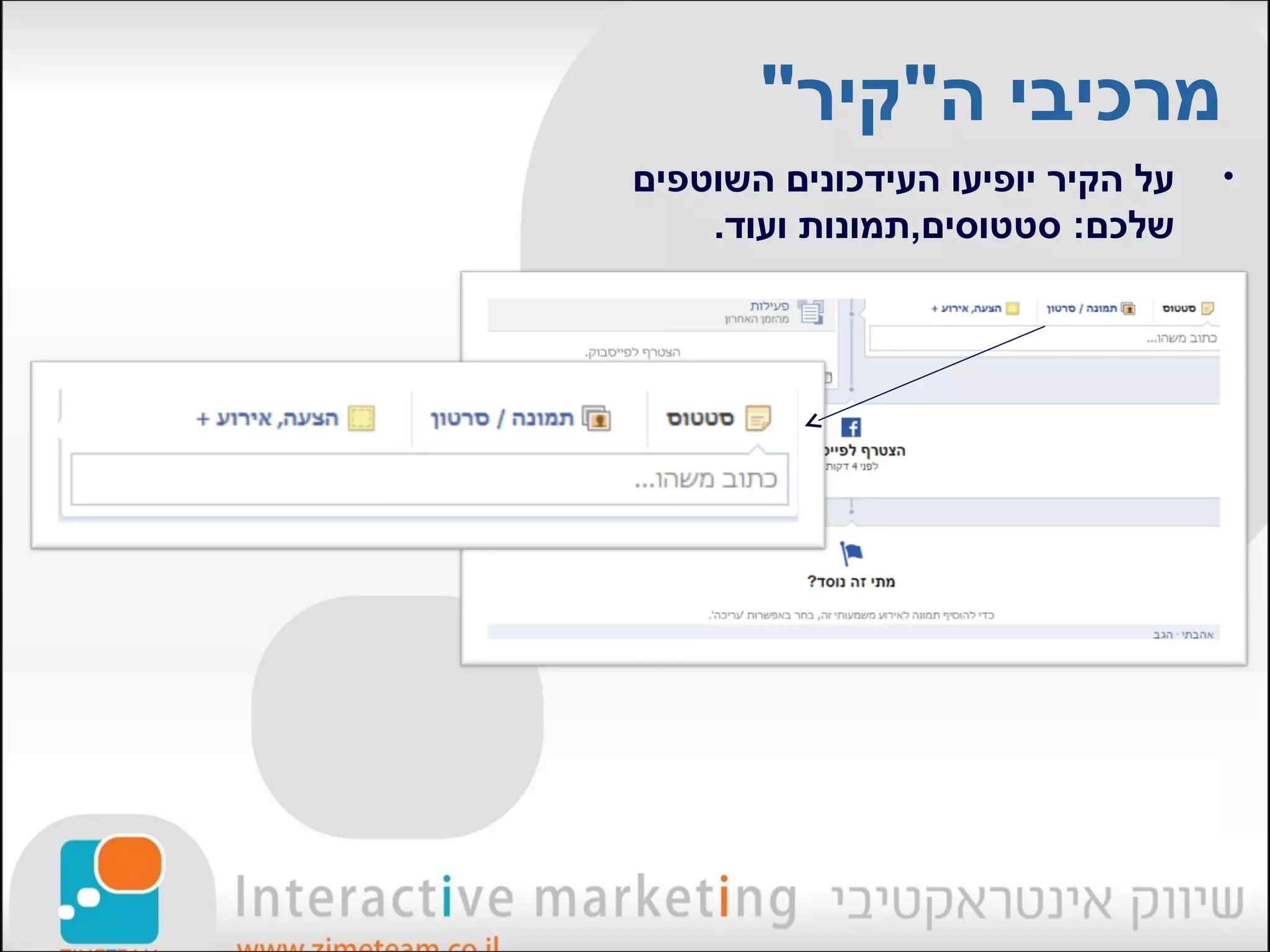 ‫מרכיבי ה"קיר"‬
‫על הקיר יופיעו העידכונים השוטפים‬   ‫•‬
    ‫שלכם: סטטוסים,תמונות ועוד.‬
 