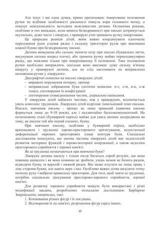 Але існує і ще одна думка, прямо протилежна: інвертоване положення
ручки не відбиває особливості діяльності півкуль кори головного мозку, а
показує невідповідність методики можливостям дитини. Останніми роками,
особливо в тих випадках, коли вимога безвідривності при письмі дотримується
неухильно, дуже часто і ліворукі, і праворукі учні тримають ручку інвертовано.
      Це природна реакція дітей, яким важко координувати одночасне
пересування руки уздовж рядка і складну траєкторію рухів при виконанні
кожної букви при безвідривному письмі.
      Дитина вимушена або сильно змінити позу при письмі (буквально лягти,
висунувши сильно вперед плече), або тримати ручку майже перпендикулярно
рядку, що можливо тільки при інвертованому її положенні. Таке положення
ручки необхідно виправляти, оскільки воно викликає дуже сильну м'язову
напругу у праворукої дитини, але не слід настоювати на виправленні
положення ручки у ліворукого.
      Дисграфічні помилки на письмі ліворуких дітей:
      - виражені порушення почерку, тремор
      - неправильне зображення букв (оптичні помилки: п-т, л-м, н-к, х-ж
         тощо), спотворення їх конфігурації
      - спотворення співвідношення частин, дзеркальне написання.
      У ліворуких дітей набагато частіше, ніж у праворуких, відзначається
увесь комплекс труднощів. Ліворуких дітей відрізняє повільніший темп письма.
Взагалі, навчання письму - процес не лише тривалий (навички письма
формуться лише до 9-10 років), але і надзвичайно багатокомпонентний. На
початковому етапі (букварний період) майже уся увага дитини зосереджена на
тому, як писати той або інший елемент, букву.
      При навчанні письму, особливо у букварний період, необхідно
враховувати і труднощі зорово-просторового орієнтування, недостатньої
диференціації окремих просторових ознак контура букв. Спеціальні
дослідження показують, що значна частина ліворуких дітей має недостатній
розвиток моторних функцій і зорово-моторної координації, а також недоліки
просторового сприйняття і зорової пам'яті.
      Як ці труднощі позначаються при вивченні букв?
      Ліворука дитина насилу і тільки після багатьох спроб розуміє, що вона
повинна написати і як вона повинна це зробити, учень немов не бачить рядків,
відводячи букву за верхній і нижній рядок. Він може плутати не лише праву і
ліву сторони букви, але навіть верх і низ. Особливо важко дітям виділити точку
початку руху і вибрати правильну траєкторію. Для того, щоб зняти ці труднощі,
потрібне спеціальне тренування просторово-зорового сприйняття, зорової
пам'яті.
      Для розвитку зорового сприйняття можуть бути використані і різні
модифікації завдань, розроблених польською дослідницею Барбарою
Закревською, наприклад, такі:
      1. Копіювання різних фігур і їх поєднань.
      2. Відтворення їх по пам'яті, розрізнення фігур серед інших.

                                      15
 