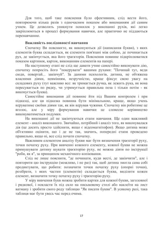 Для того, щоб таке пояснення було ефективним, слід вести його,
повторюючи кілька разів з одночасним показом або виконанням дії самим
учнем. Це дозволить уникнути помилок у виконанні рухів, які легко
закріплюються в процесі формування навички, але практично не піддаються
перенавчанню.
      Важливість послідовності навчання
      Спочатку Ви пояснюєте, як виконуються дії (написання букви), з яких
елементів буква складається, як елементи пов'язані між собою, де починається
рух, де закінчується, яка його траєкторія. Пояснення повинне підкріплюватися
показом картинок, карток, виконанням елементів на папері.
      На наступному етапі не слід ще давати учню самостійно виконувати дію,
спочатку попросіть його "покерувати" вашими рухами: "Починай тут, веди
сюди, повертай... закінчуй". За даними психологів, дитина, не обтяжена
власними діями, невмінням, незручністю, краще фіксує свою увагу на
складових руху (тут важливо все: як тримається ручка, як лежить рука, як вона
пересувається по рядку, чи утримується правильна поза і тільки потім - як
виконується буква).
      Самостійне виконання дії повинне йти під Вашим контролем і при
підказці, але ця підказка повинна бути мінімальною, краще, якщо учень
керуватиме своїми діями так, як він керував чужими. Спочатку він робитиме це
вголос, але у міру формування навички це словесне керівництво
виконуватиметься подумки.
      На виконанні дії не закінчуються етапи навчання. Ще один важливий
елемент - аналіз виконаного. Звичайно, потрібний і аналіз того, як виконувалася
дія (це досить просто здійснити, якщо є відеомагнітофон). Якщо дитина може
об'єктивно оцінити, що і де не так, значить, попередні етапи проведено
правильно, якщо ні, все слід почати спочатку.
      Важливим елементом аналізу букви має бути визначення траєкторії руху,
точки початку руху. При вивченні кожного елементу, кожної букви не можна
примушувати дитину шукати траєкторію руху, не можна діяти по інструкції
"роби, як я", за принципом механічного копіювання.
      Слід не лише пояснити, "де починати, куди весті, де закінчити", але і
повторити цю інструкцію (можливо, і не раз) так, щоб дитина змогла сама собі
продиктувати, що робити: позначити точки початку руху (опорні точки),
розібрати, з яких частин (елементів) складається буква, виділити кожен
елемент, визначити точку початку руху і траєкторію руху.
      У міру вивчення букв можна зробити картки для кожної букви, заголовної
і рядкової, і покласти їх під скло на письмовому столі або наклеїти на лист
ватману і зробити свого роду таблицю "Як писати букви". В усякому разі, така
таблиця має бути увесь час перед очима.




                                      17
 