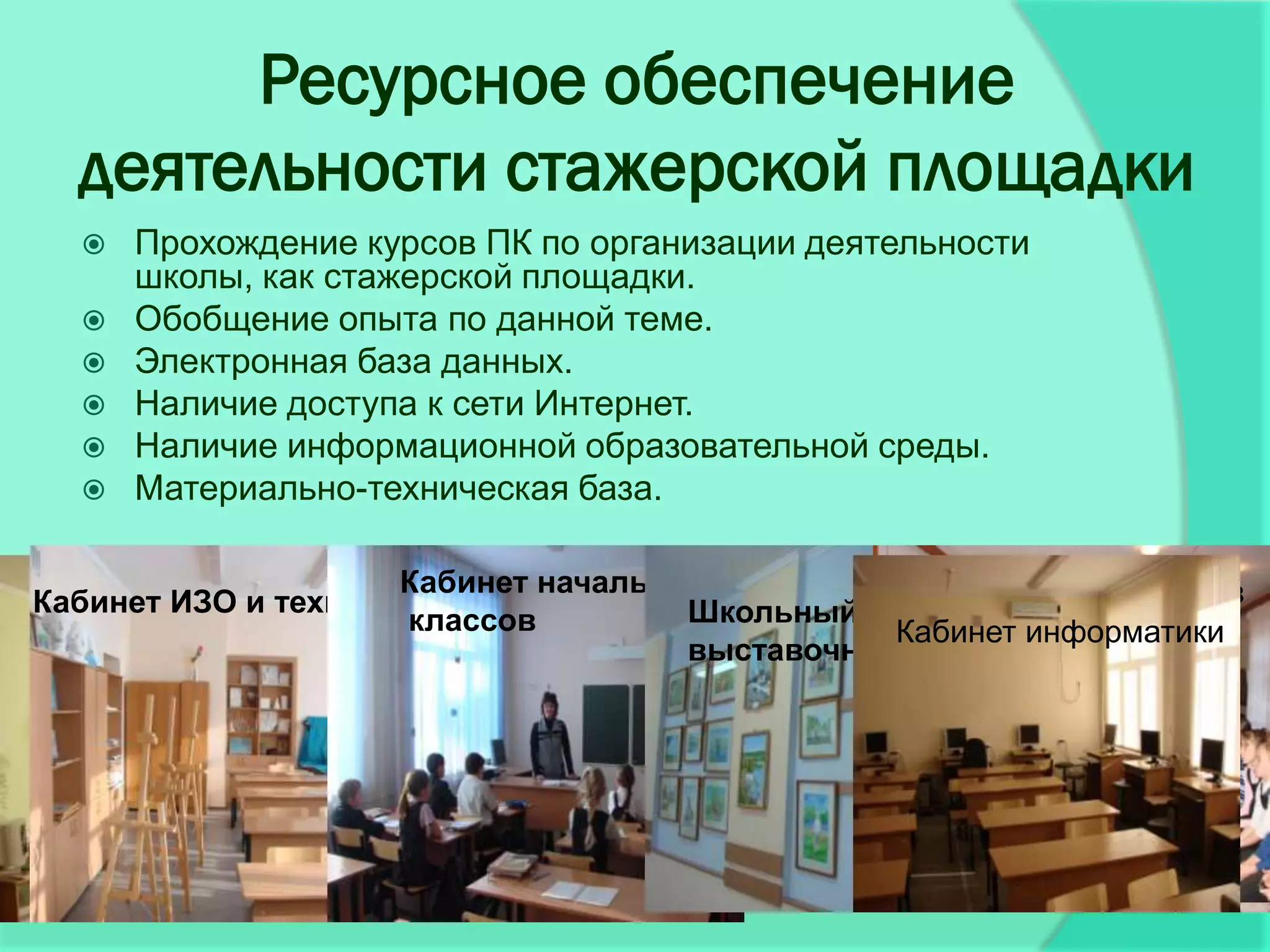 Ресурсное обеспечение
  деятельности стажерской площадки
     Прохождение курсов ПК по организации деятельности
      школы, как стажерской площадки.
     Обобщение опыта по данной теме.
     Электронная база данных.
     Наличие доступа к сети Интернет.
     Наличие информационной образовательной среды.
     Материально-техническая база.
  .
                      Кабинет начальных            Проведение уроков
Кабинет ИЗО и технологии
Библиотека- медиатека       Школьная столовая
                                      Школьный
                      классов                      На базе ВММЗ
                                                Кабинет информатики
                                      выставочный зал
                                                   В. М. Шукшина




                                                  Игровая комната
 