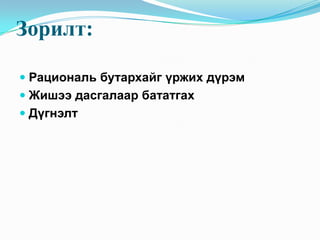 Зорилт:

 Рациональ бутархайг үржих дүрэм
 Жишээ дасгалаар бататгах
 Дүгнэлт
 